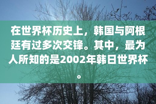 在世界杯历史上，韩国与阿根廷有过多次交锋。其中，最为人所知的是2002年韩日世界杯。