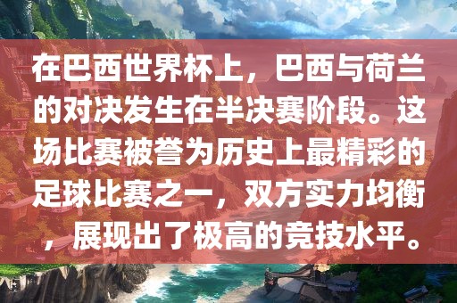 在巴西世界杯上，巴西与荷兰的对决发生在半决赛阶段。这场比赛被誉为历史上最精彩的足球比赛之一，双方实力均衡，展现出了极高的竞技水平。