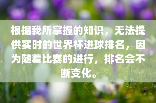 根据我所掌握的知识，无法提供实时的世界杯进球排名，因为随着比赛的进行，排名会不断变化。