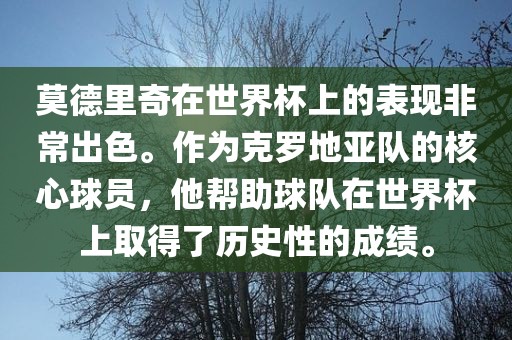 莫德里奇在世界杯上的表现非常出色。作为克罗地亚队的核心球员，他帮助球队在世界杯上取得了历史性的成绩。