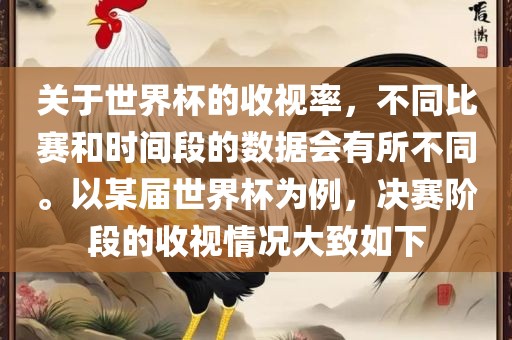 关于世界杯的收视率，不同比赛和时间段的数据会有所不同。以某届世界杯为例，决赛阶段的收视情况大致如下