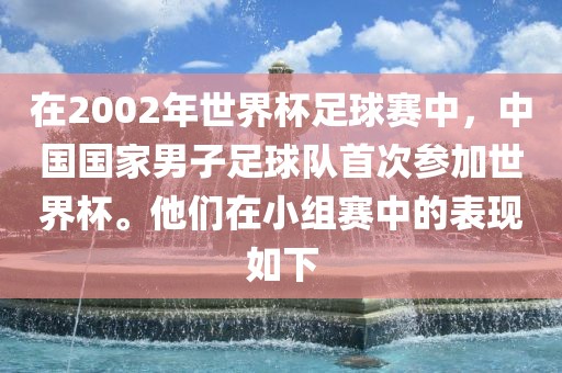 在2002年世界杯足球赛中，中国国家男子足球队首次参加世界杯。他们在小组赛中的表现如下