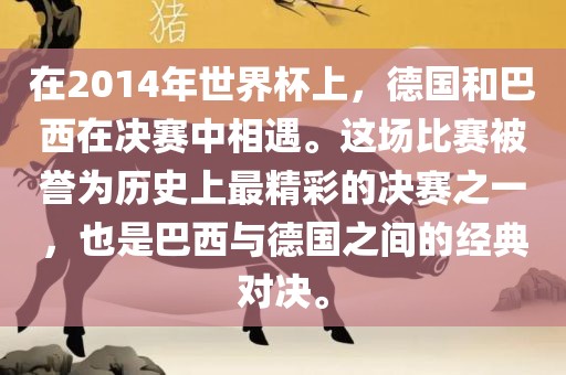 在2014年世界杯上，德国和巴西在决赛中相遇。这场比赛被誉为历史上最精彩的决赛之一，也是巴西与德国之间的经典对决。吉安市靖泰电力工程有限公司