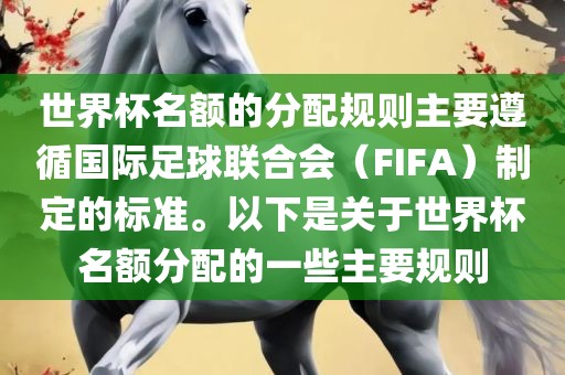 世界杯名额的分配规则主要遵循国际足球联合会（FIFA）制定的标准。以下是关于世界杯名额分配的一些主要规则