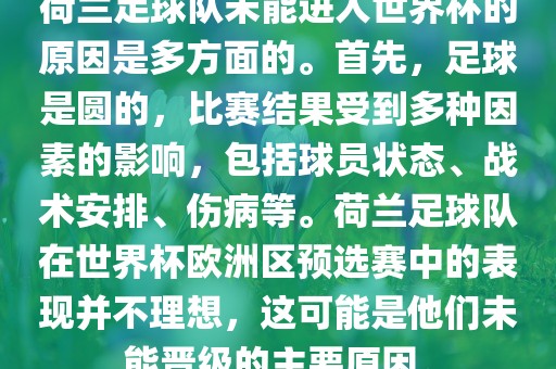荷兰足球队未能进入世界杯的原因是多方面的。首先，足球是圆的，比赛结果受到多种因素的影响，包括球员状态、战术安排、伤病等。荷兰足球队在世界杯欧洲区预选赛中的表现并不理想，这可能是他们未能晋级的主要原因。