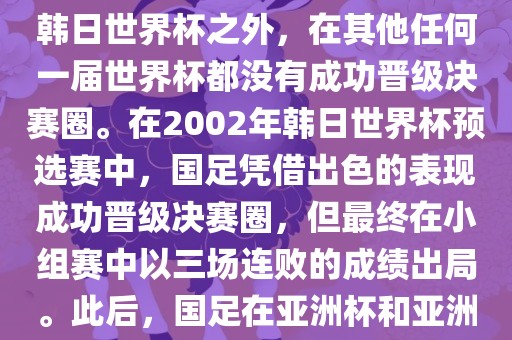 中国国家男子足球队在世界杯的表现并不出色。除了2002年韩日世界杯之外，在其他任何一届世界杯都没有成功晋级决赛圈。在2002年韩日世界杯预选赛中，国足凭借出色的表现成功晋级决赛圈，但最终在小组赛中以三场连败的成绩出局。此后，国足在亚洲杯和亚洲预选赛中的表现一直起伏不定，未能再次打进世界杯。
